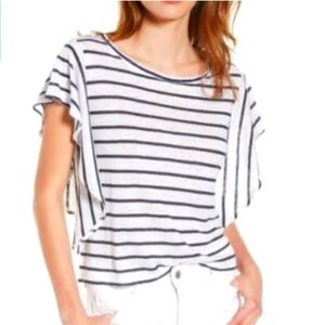 CUPCAKES & CASHMERE Canon Navy White Stripe Linen Angel Wing Medium Top NWT